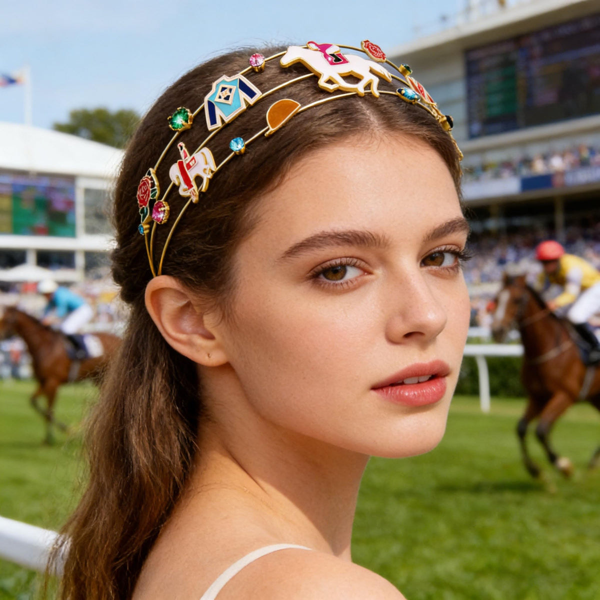 Mokkia derby day headband with rhinestone accents for celebration outfits.