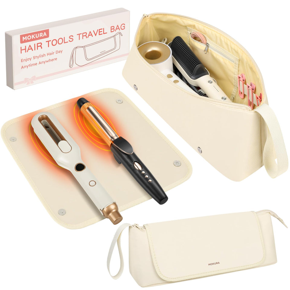 MOKURA hair tools travel bag with heat-resistant mat, removable for quick styling on the go