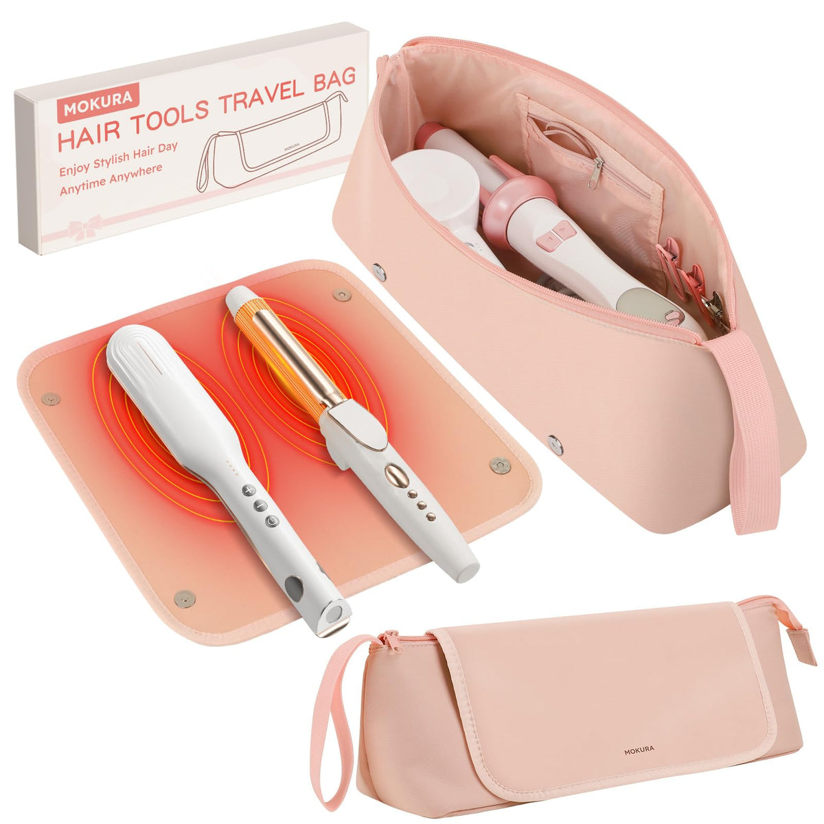 MOKURA travel bag for hair tools with heat resistant mat and magnetic snaps for easy setup