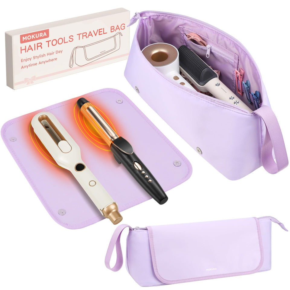 MOKURA travel bag with magnetic snaps securing hair tools during travel