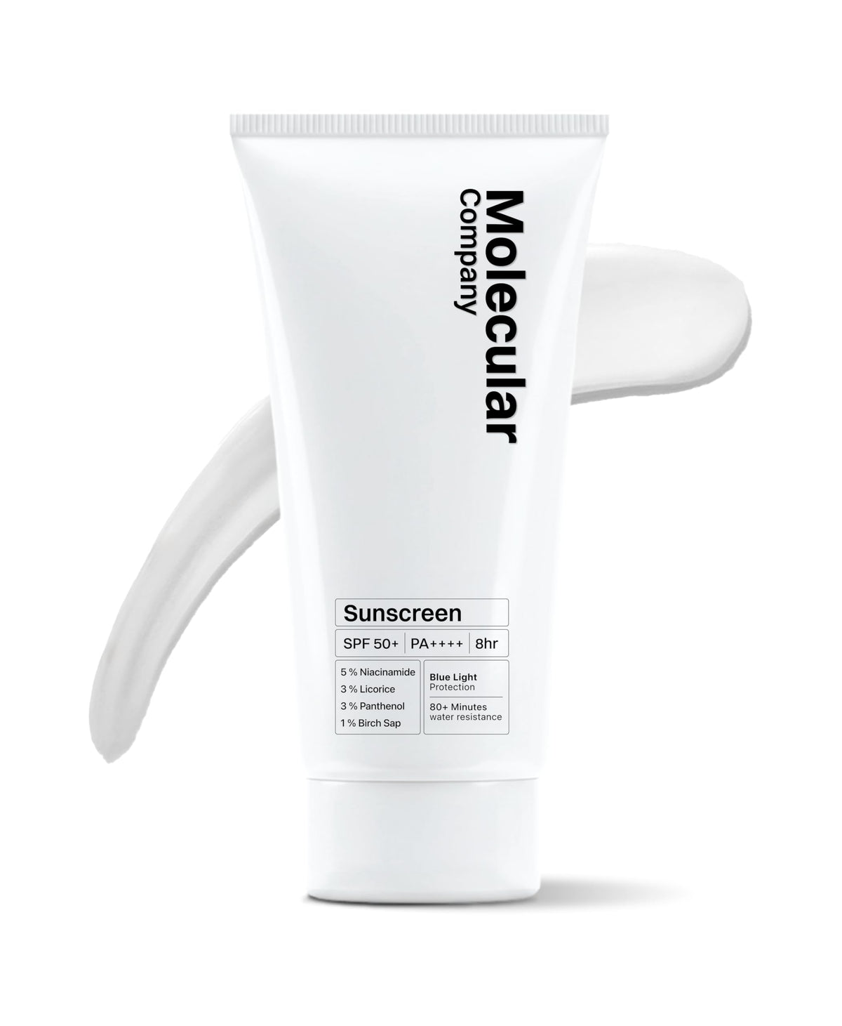 Molecular Company Sunscreen SPF 50+ bottle on shelf for daily protection.