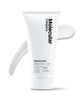 Molecular Company Sunscreen SPF 50+ bottle on shelf for daily protection.