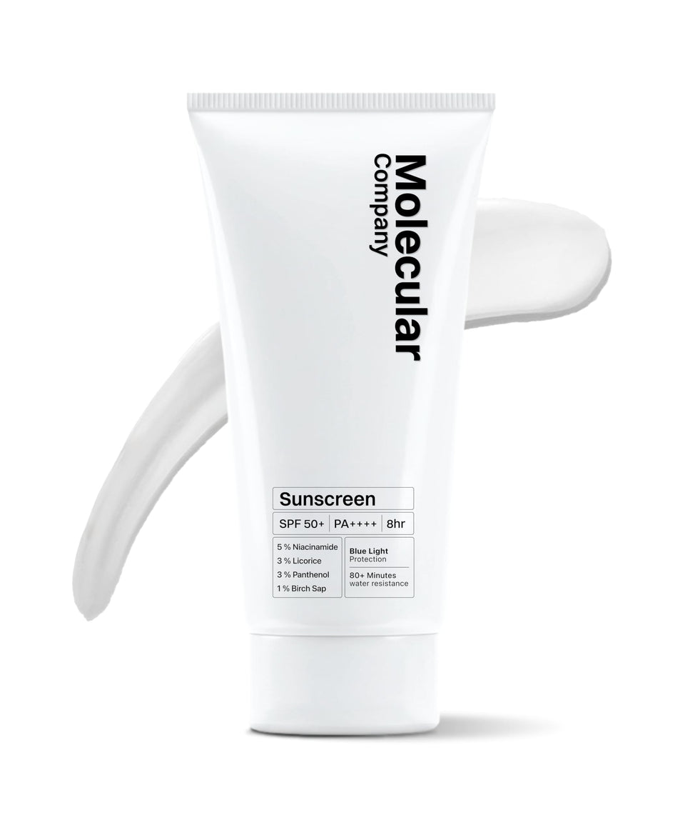 Molecular Company Sunscreen SPF 50+ bottle on shelf for daily protection.