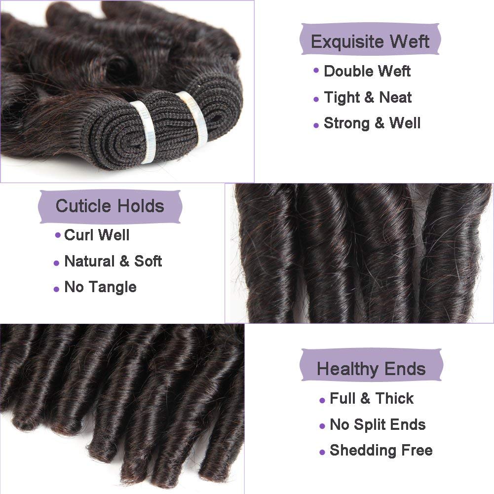 Molefi Funmi curly bundles in natural color 1B, ready for dyeing or bleaching.