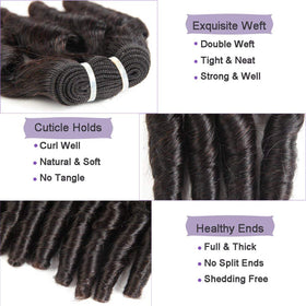 Molefi Funmi curly bundles in natural color 1B, ready for dyeing or bleaching.
