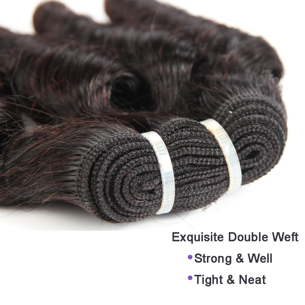 Model shows Molefi Funmi four-bundle pack in loose wave for everyday style.