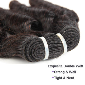 Model shows Molefi Funmi four-bundle pack in loose wave for everyday style.