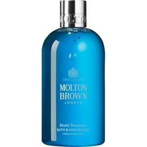 Molton Brown Blissful Templetree bath gel being poured for daily cleansing.