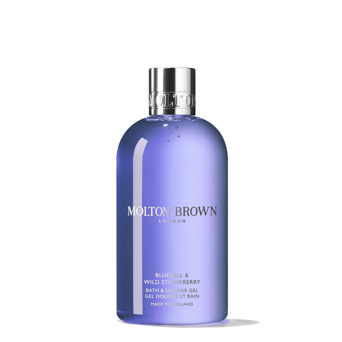Molton Brown Bluebell and Wild Strawberry bottle on display, ideal for a daily pamper ritual