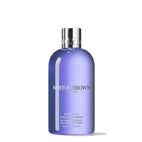 Molton Brown Bluebell and Wild Strawberry bottle on display, ideal for a daily pamper ritual