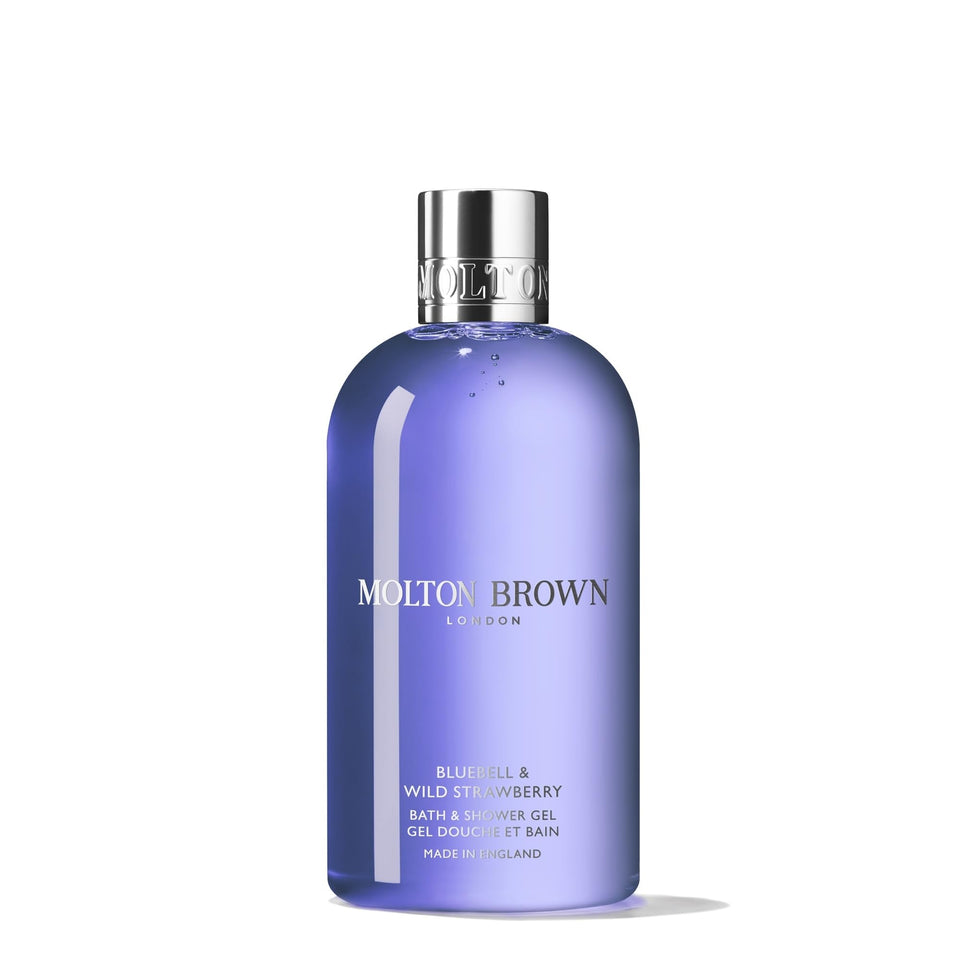 Molton Brown Bluebell and Wild Strawberry bottle on display, ideal for a daily pamper ritual