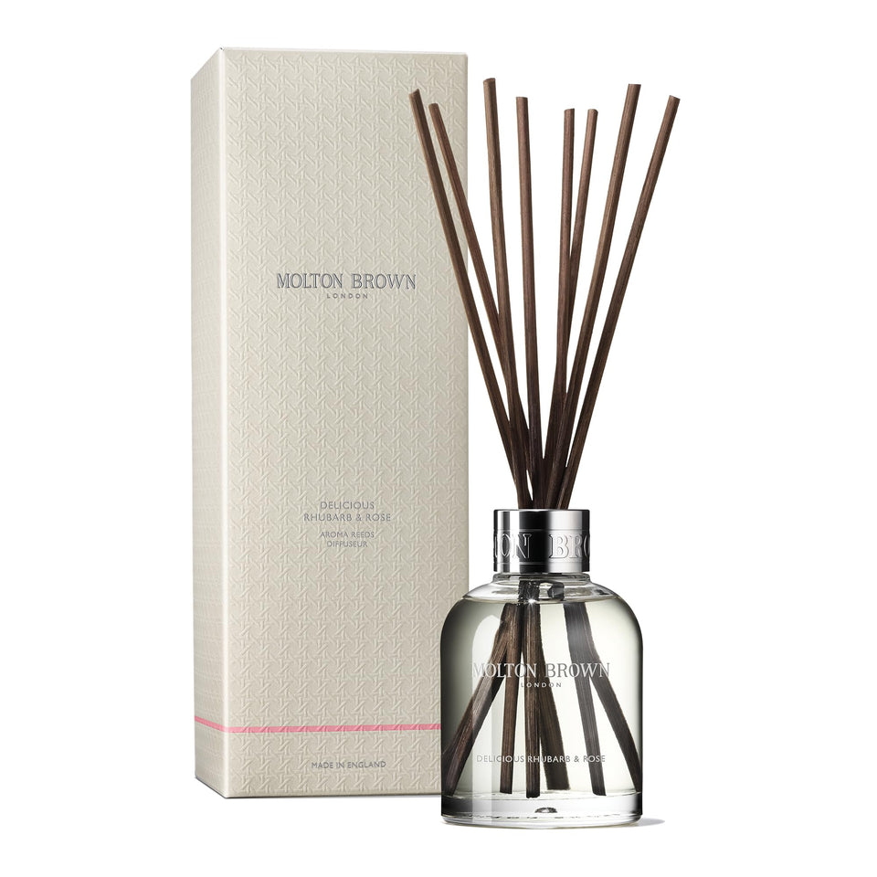 Molton Brown Delicious Rhubarb and Rose Aroma Reeds bottle shows long lasting scent diffusion