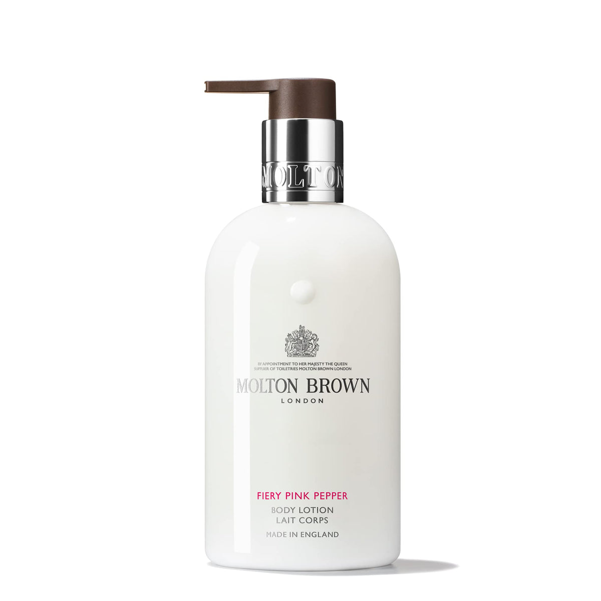 Molton Brown Fiery Pink Pepper Body Lotion bottle enhancing post-shower routine with woody-spicy aroma