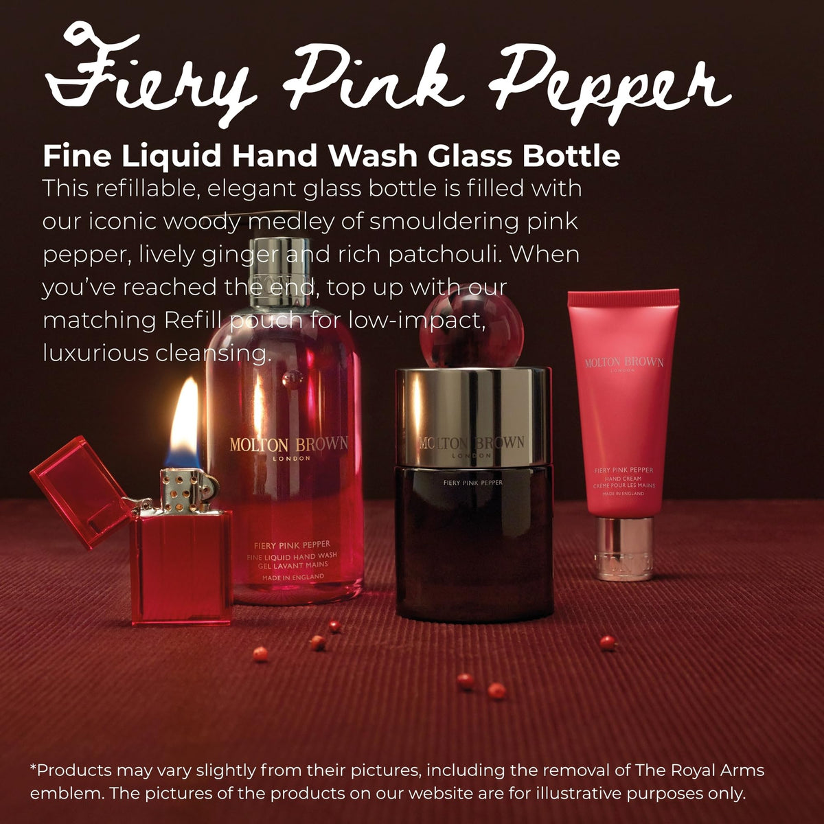 Molton Brown hand wash glass bottle close-up emphasizes premium design and scents.