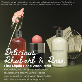Molton Brown hand wash with grapefruit-rhubarb-vanilla scent for bright, refreshing cleansing.