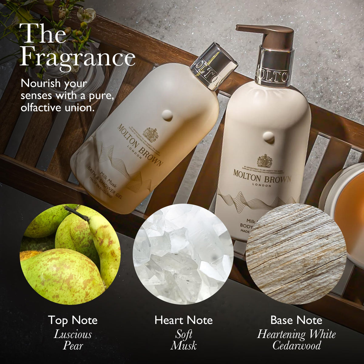 Milk Musk creamy lather rising around the bottle signals spa-like cleansing.