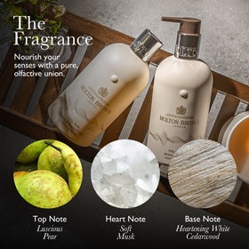 Milk Musk creamy lather rising around the bottle signals spa-like cleansing.