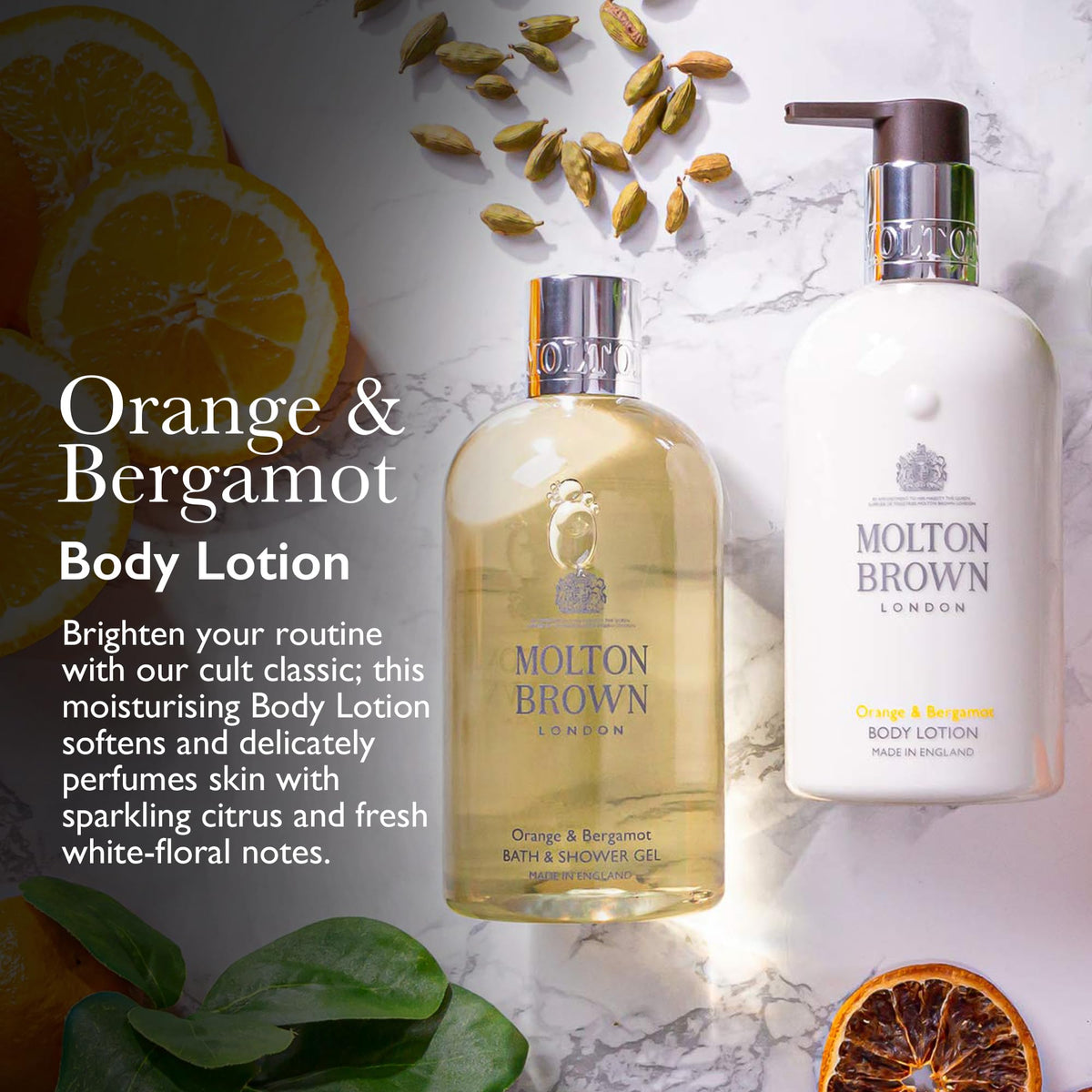 Molton Brown Orange & Bergamot Body Lotion pump close-up for easy dispensing.