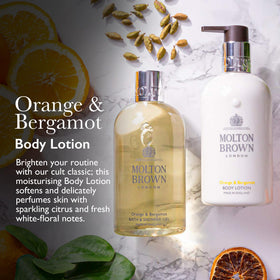 Molton Brown Orange & Bergamot Body Lotion pump close-up for easy dispensing.