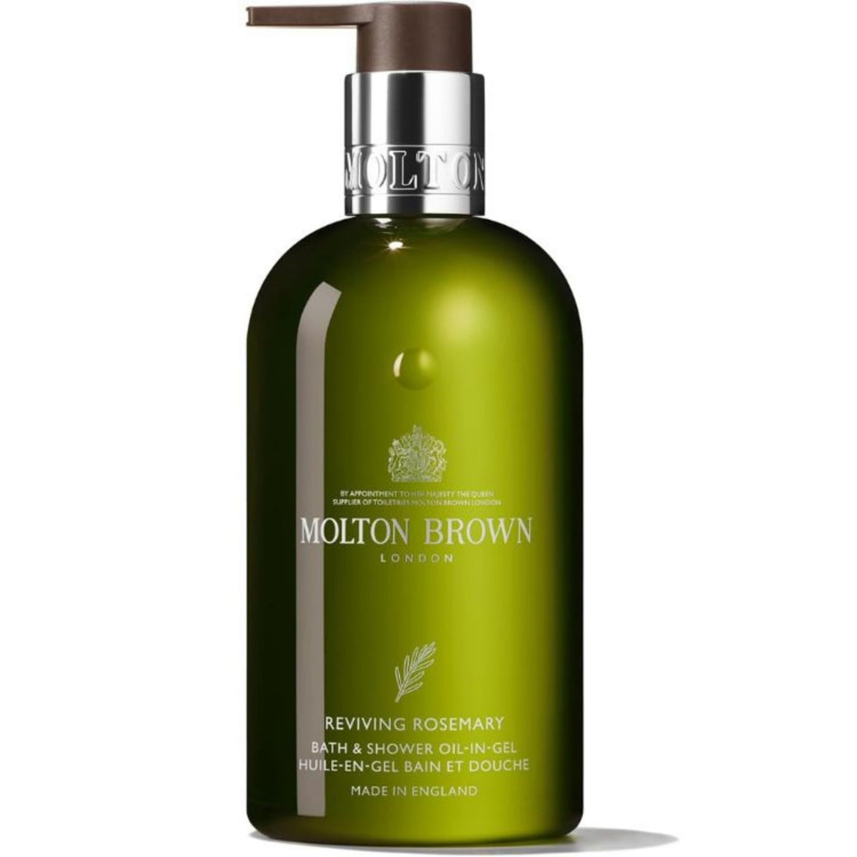 Molton Brown Reviving Rosemary Oil-In-Gel bottle showing uplifting aroma to refresh senses.