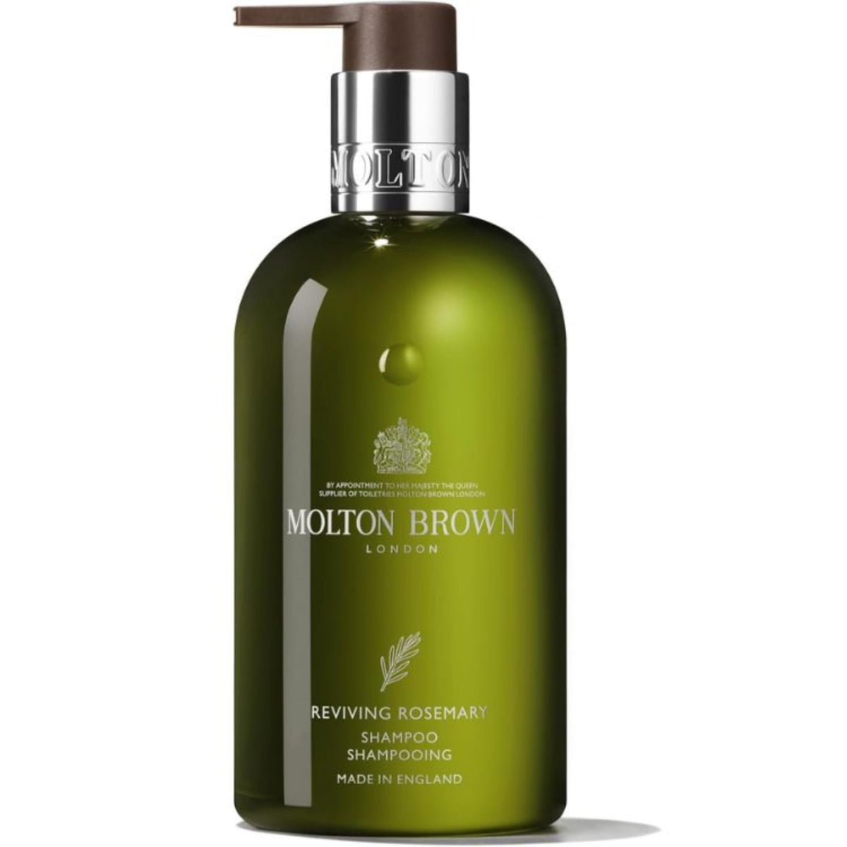 Molton Brown Reviving Rosemary Shampoo bottle highlights rosemary fragrance and gentle cleansing.