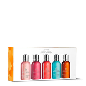 Molton Brown Travel Bathing Set rhubarb rose bottle delivers a refreshing cleanse on the go.