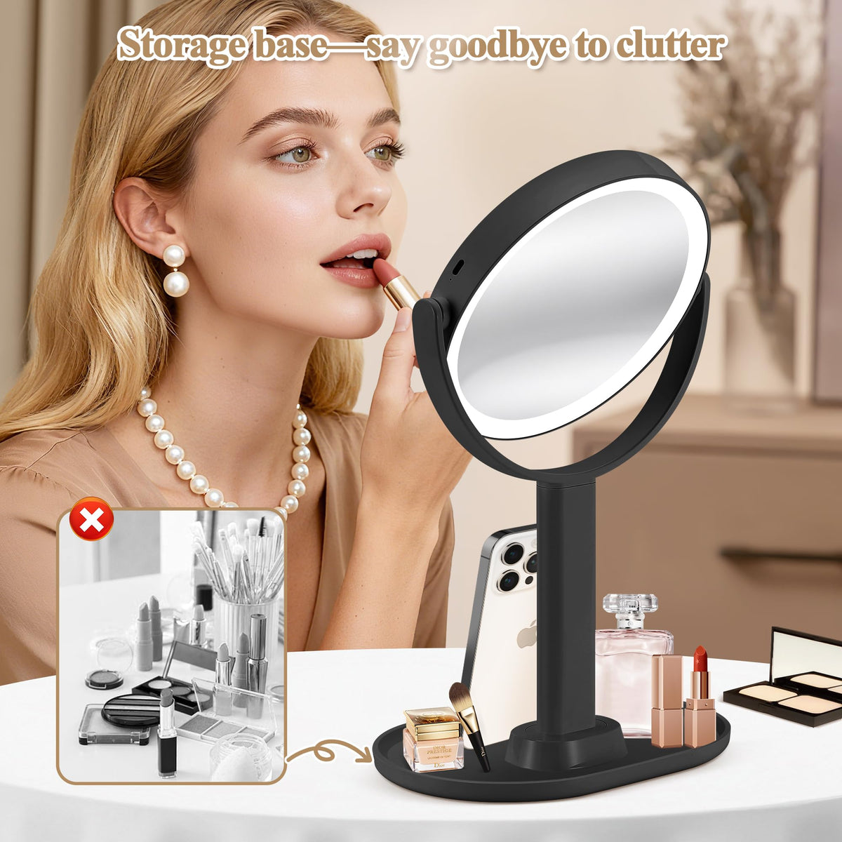 MOMOKUBA makeup mirror with 64 LEDs for balanced, natural-looking makeup lighting