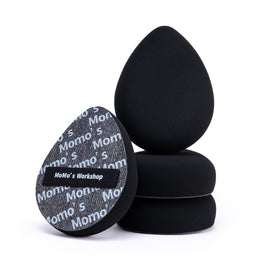 Momo's Workshop black denim sponge, dense texture for smooth high-coverage foundation