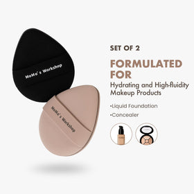 Momo's Workshop dual-sided waterdrop puff, round side for blending liquid foundation.