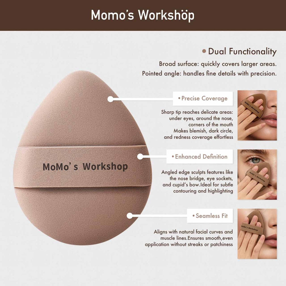 Momo's Workshop triangular-edge concealer puff for precise high-coverage blending.