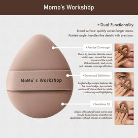 Momo's Workshop triangular-edge concealer puff for precise high-coverage blending.