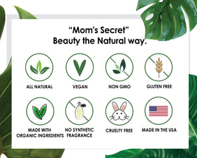 Retail packaging of Mom's Secret Sand Dune foundation emphasizing clean, eco-friendly design.