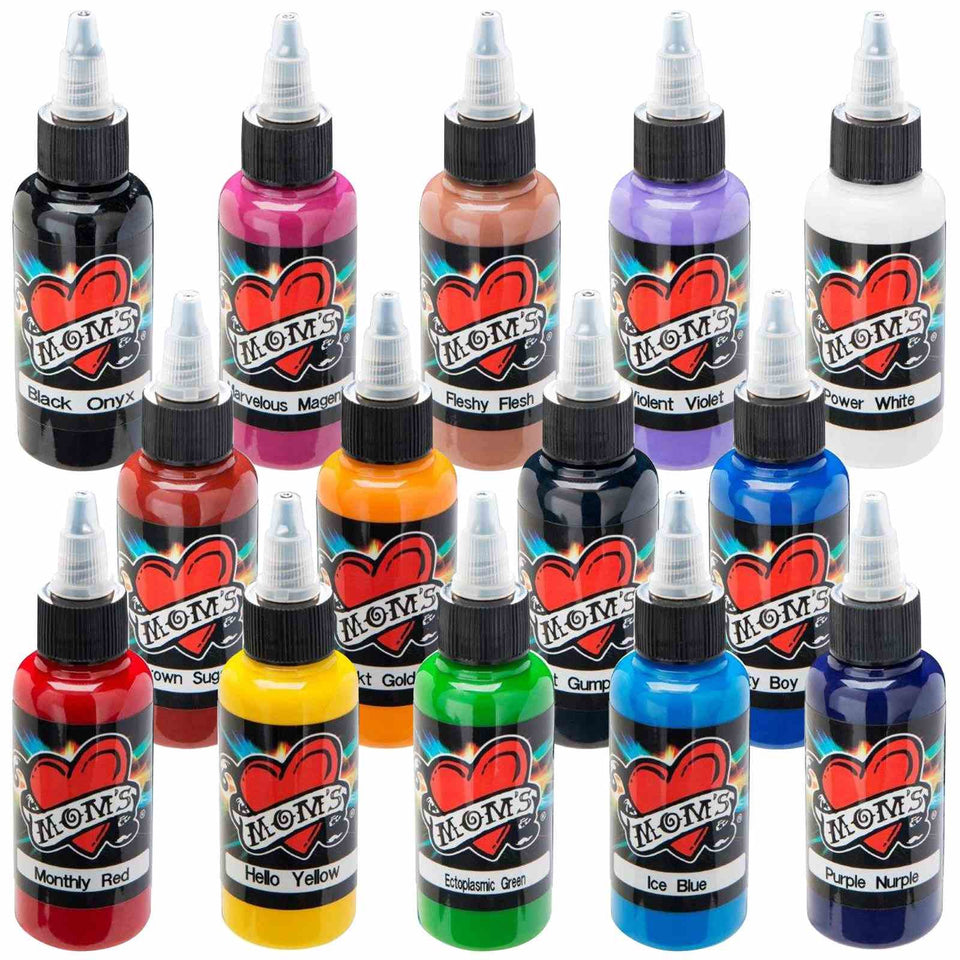 MOM'S Tattoo Ink 14-bottle color kit palette displaying diverse pigments for bold tattoos.