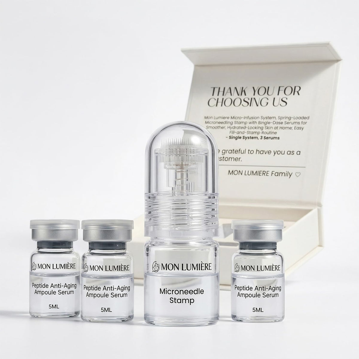 Mon Lumière micro infusion tool with gold stamp for precise at-home skin rejuvenation