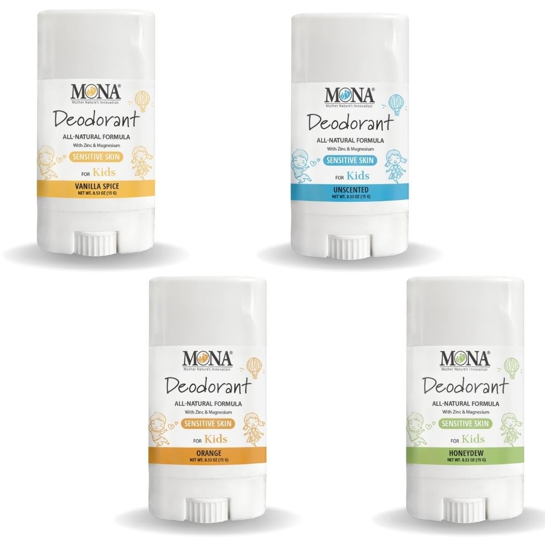 MONA travel-size kids deodorant pack with four compact sticks for school days.