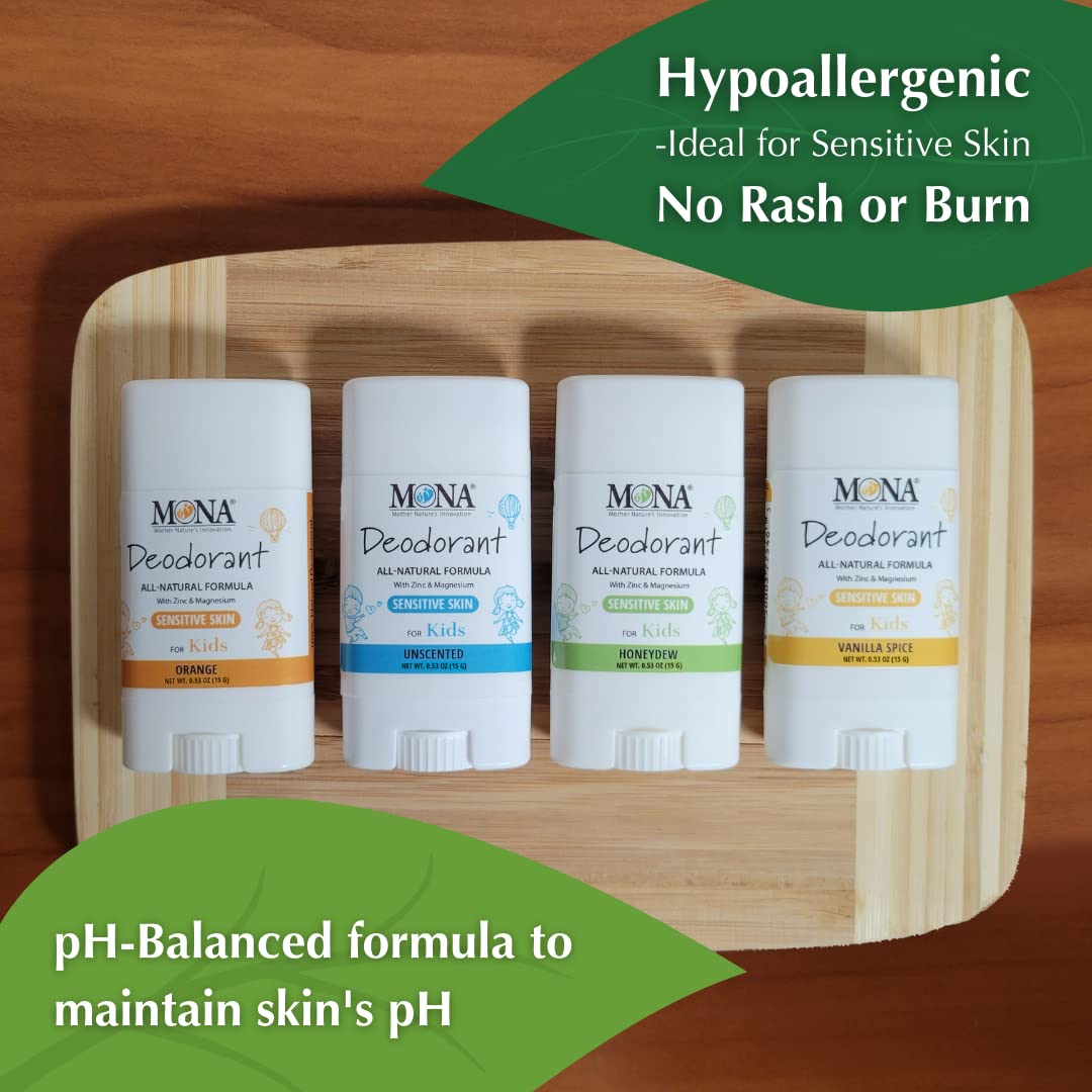Four-pack display of MONA kids deodorant in assorted scents.