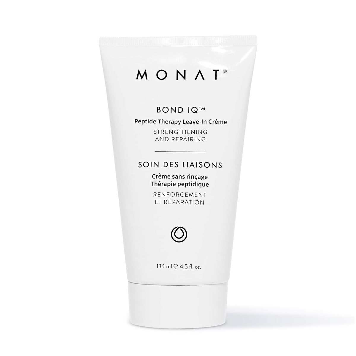 MONAT BOND IQ creme bottle closeup highlighting bond-building protection for smoother hair.