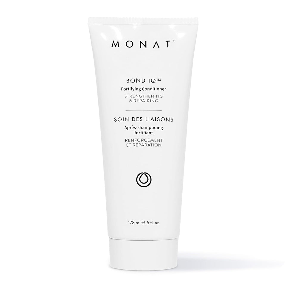 MONAT Bond IQ fortifying conditioner bottle promotes strength and resilience in hair.