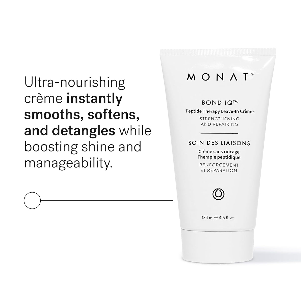 MONAT BOND IQ leave-in creme dispense showing easy application and detangling benefits.