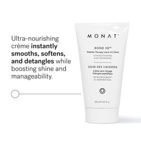 MONAT BOND IQ leave-in creme dispense showing easy application and detangling benefits.
