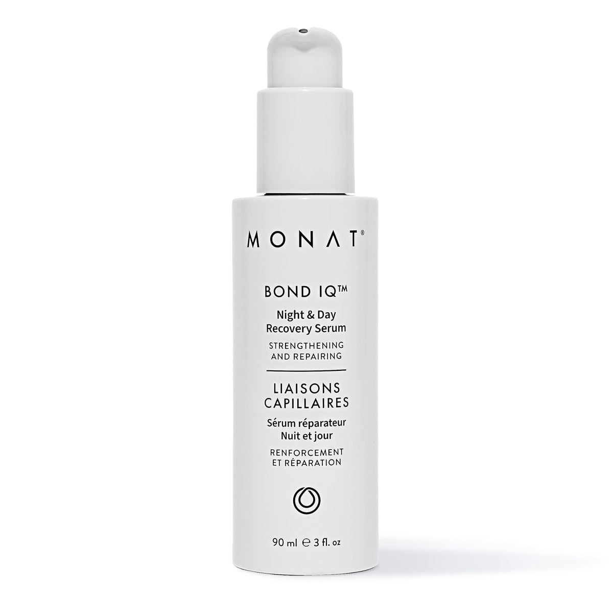 MONAT Bond IQ night serum bottle on vanity for nightly repair