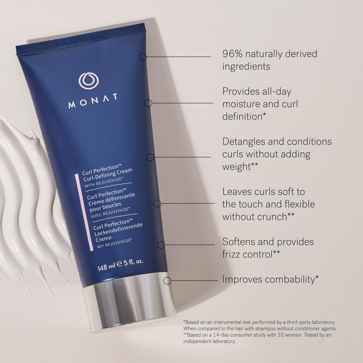 Application on damp hair using MONAT Curl Perfection Cream for smooth, frizz-controlled curls.