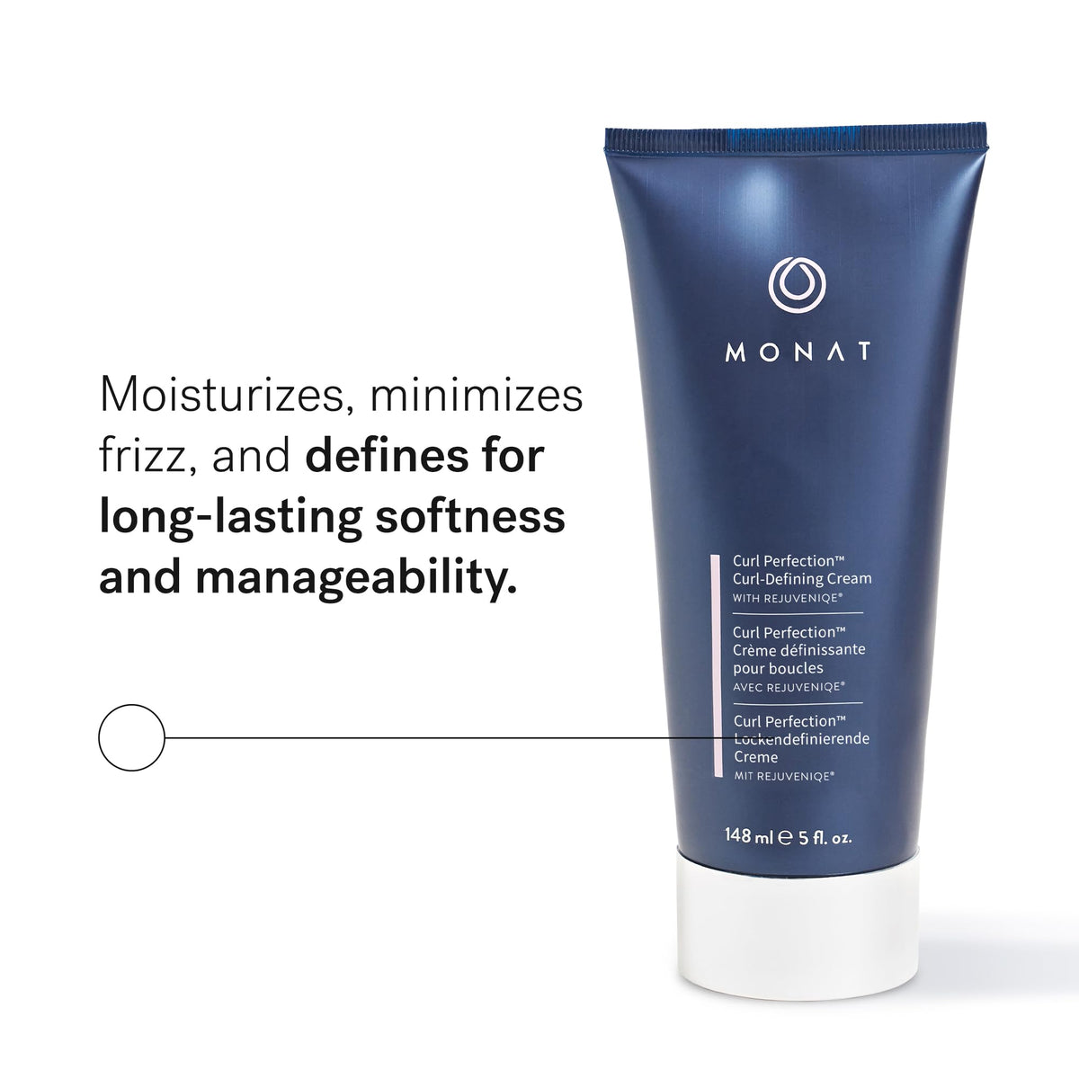 MONAT Curl Perfection Cream label close-up highlighting vegan formula and sulfate-free benefits.
