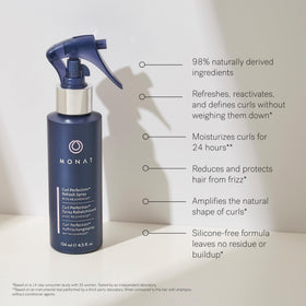 MONAT Curl Perfection Refresh Spray on curly hair defines texture.