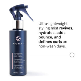MONAT Curl Perfection Refresh Spray mist in action boosts bounce.