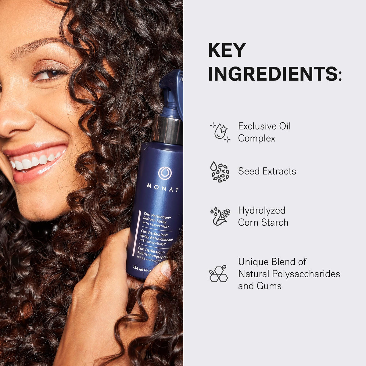 MONAT Curl Perfection Refresh Spray delivers shine and volume.