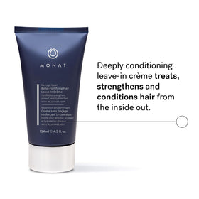 Application scene demonstrates applying MONAT leave-in conditioner to damp hair mid-length to ends.