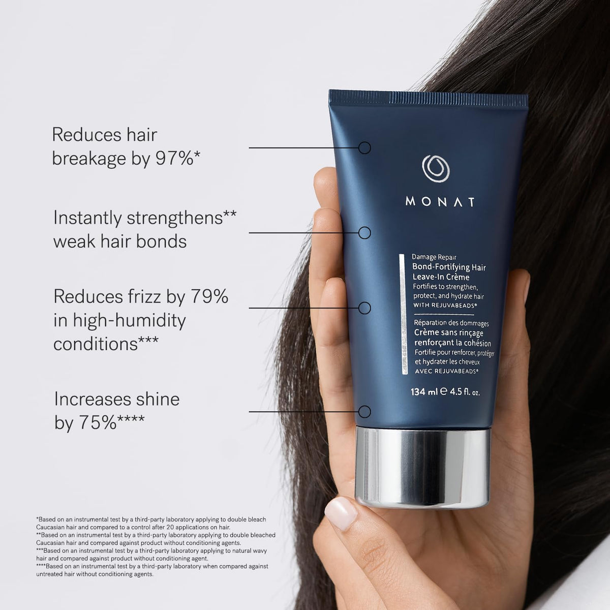Shiny, smooth hair achieved with MONAT creme in soft lighting.