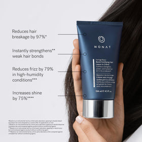 Shiny, smooth hair achieved with MONAT creme in soft lighting.