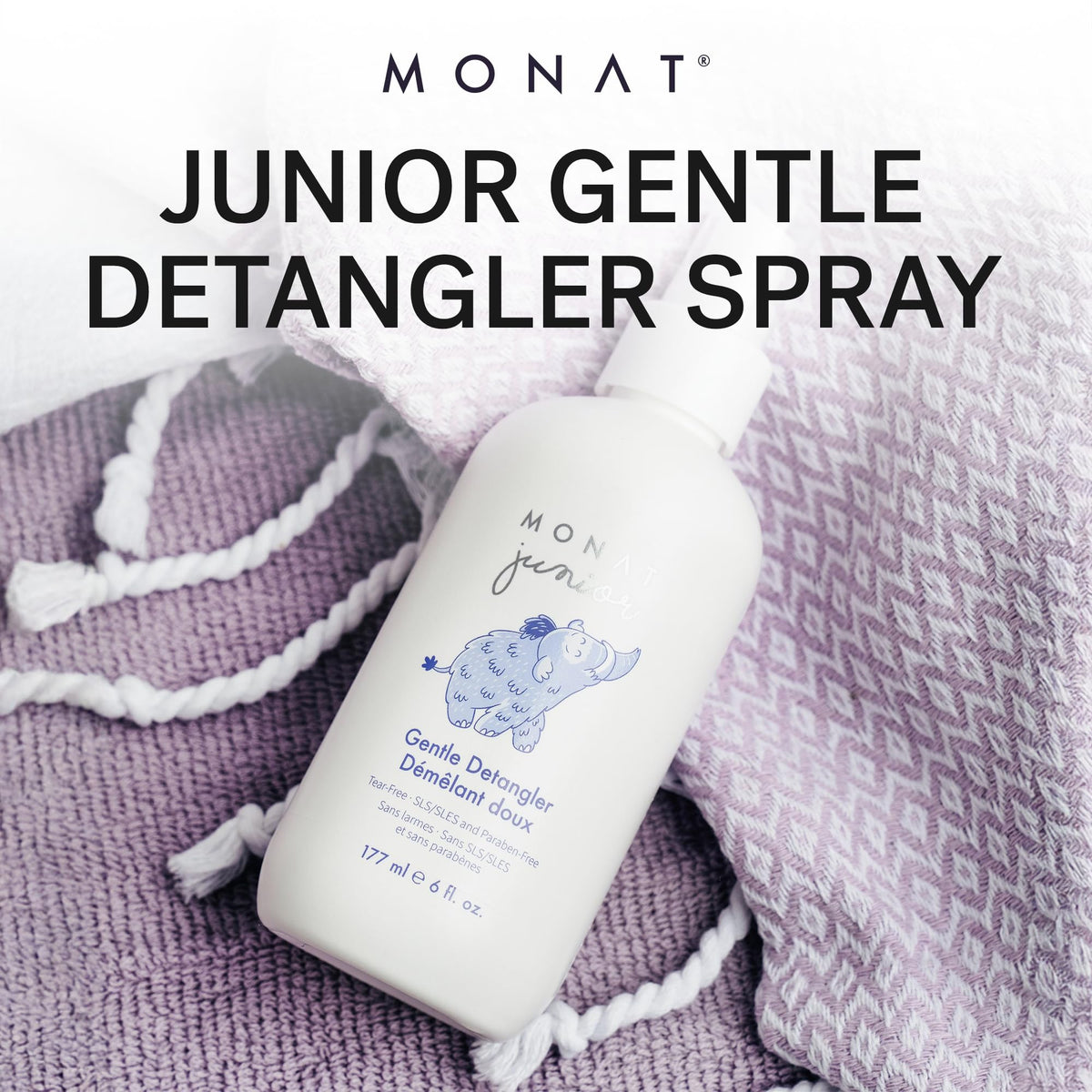 MONAT Junior Gentle Detangler with olive oil and rose hips nourishes.